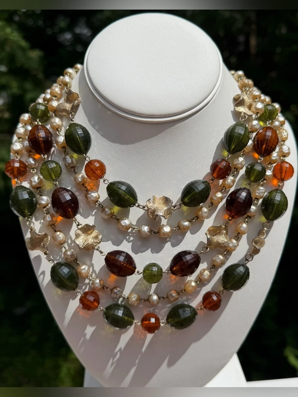 Vintage Multi Strand Freshwater Pearl & Faceted Glass Statement Necklace 16”